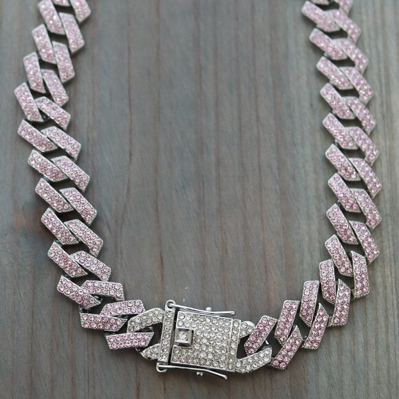 15mm 22inches Cuban Ice Curb Diamond Chain Pink/Silver Necklace with Rhinestones - Picture 3 of 3